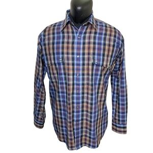 𝅺Leo Chevalier Design Western Plaid Button Up Shirt Clear Snap Sz M Blue Brown